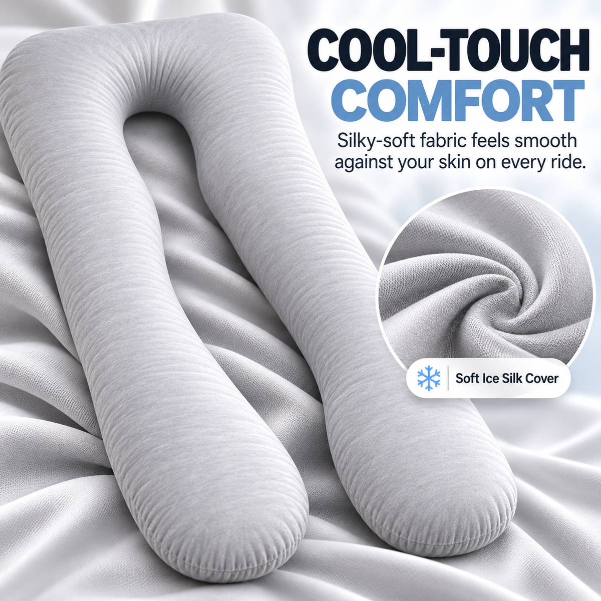 Close-up of the grey PlushRide pillow and its soft ice-silk cover texture