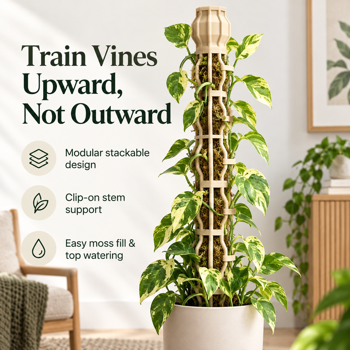 🌿 Stackable Climbing Plant Support Pole – Vine Clips, Moss Fill & Top Watering Design