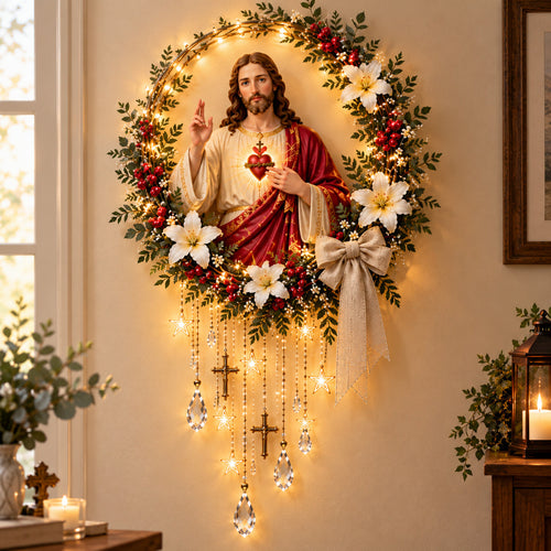 ✝️ Light of His Love – Illuminated Jesus Wreath Wall Hanging
