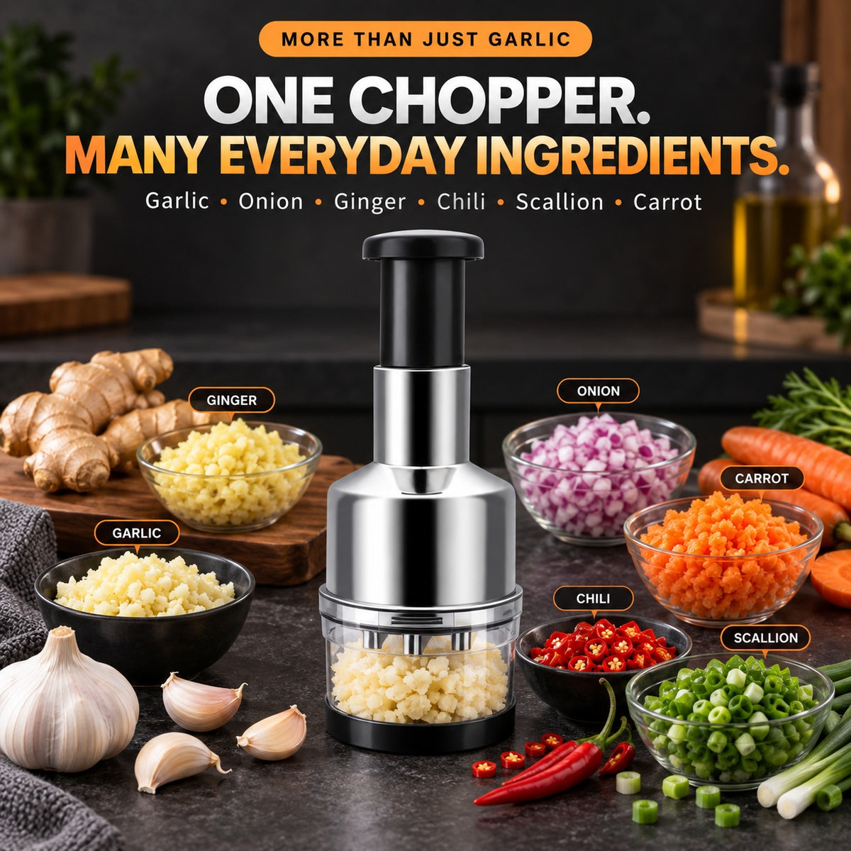 Chop Garlic Faster – Press-Down Manual Food Chopper