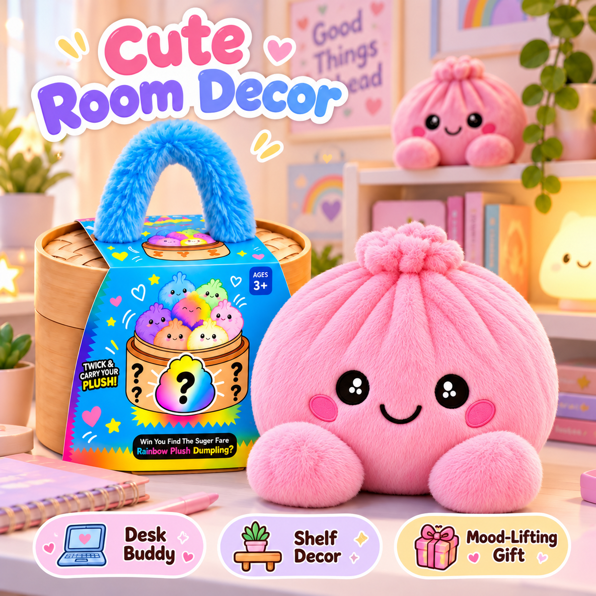 Rainbow Dumpling Plush Squishy with Bamboo-Style Steamer Basket – 8 Adorable Colors, Cute Stuffed Toy & Gift