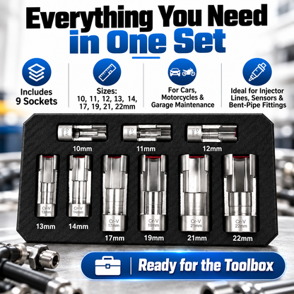 🔧9-Piece Injector & Sensor Line Socket Set – 10–22mm Open-Side Cr-V Sockets, 3/8' & 1/2' Drive