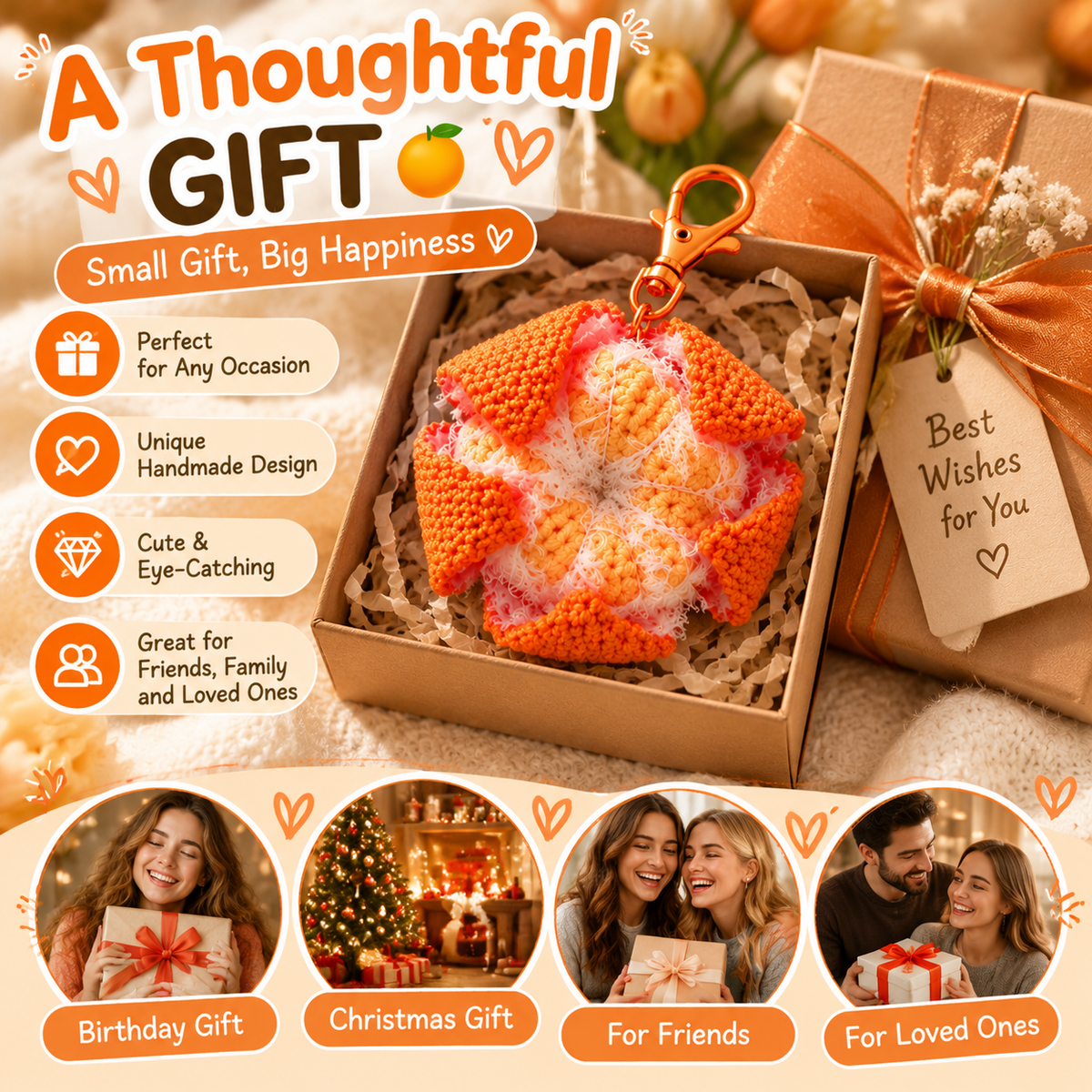 🍊 Crochet Orange Bag Charm – Cute Citrus Accessory for Bags, Backpacks & Keys ✨🎁