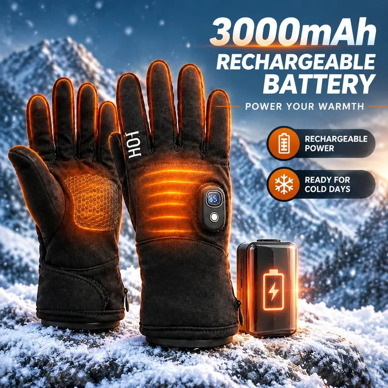 Rechargeable heated gloves with a 3000mAh battery highlighted in a snowy outdoor scene