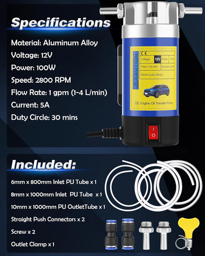 Oil Pump 12V 100W, Oil Extractor Pump for DIY Engine Oil Change