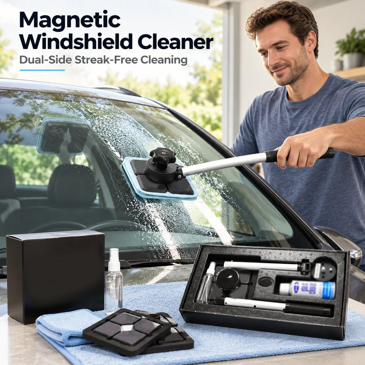 Dual Magnetic Car Windshield Cleaner | Streak-Free Auto Glass Cleaning Kit