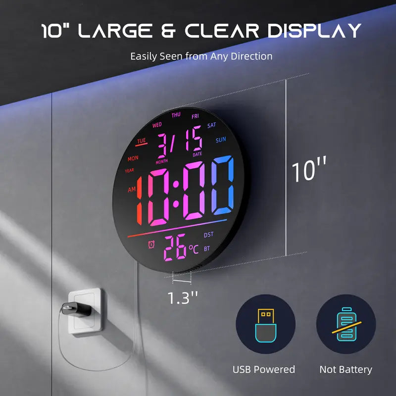 🌈 10' RGB Smart Wall Clock – Futuristic LED Digital Clock with Music Sync & Ambient Lights