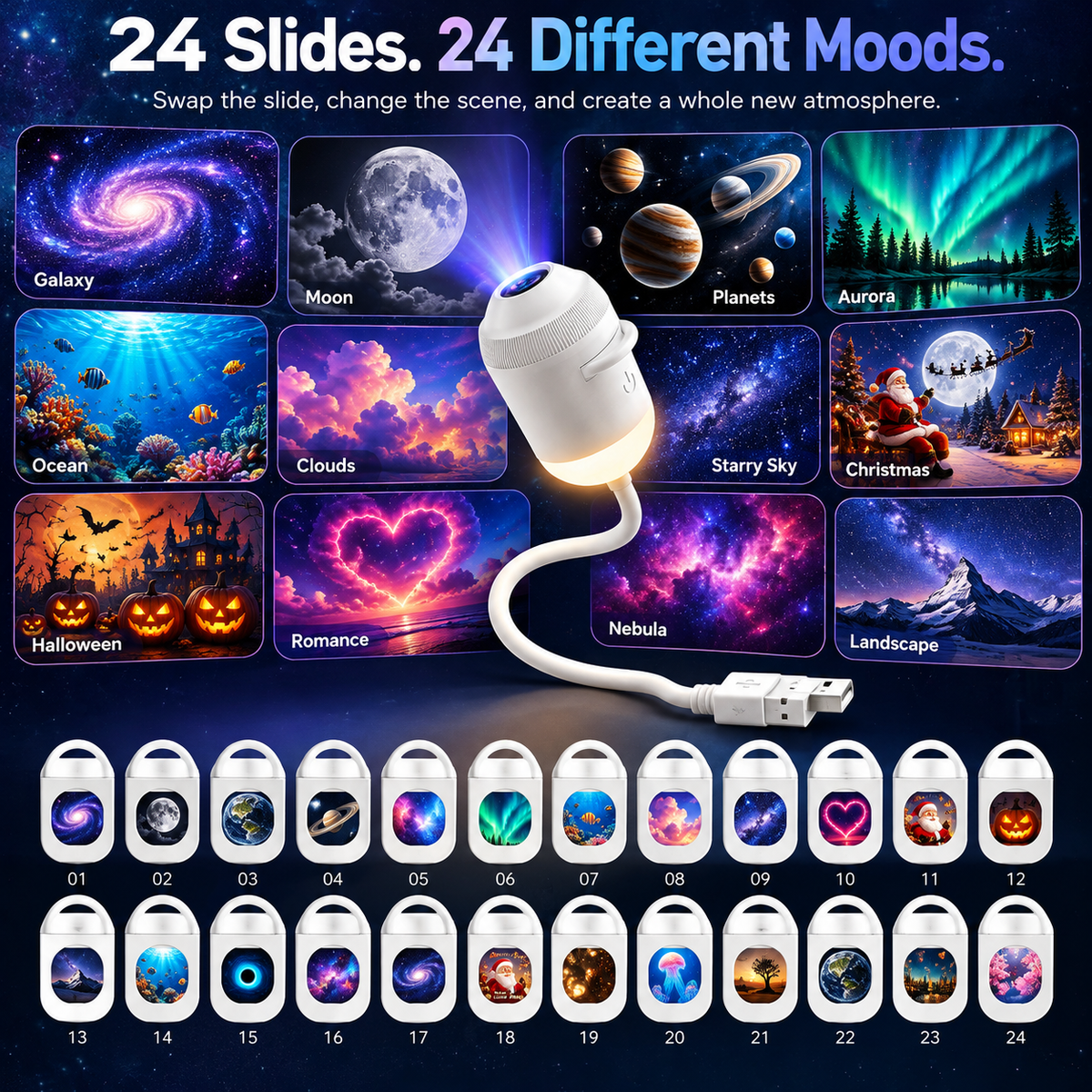 24 interchangeable galaxy projector themes including galaxy moon aurora ocean and holidays