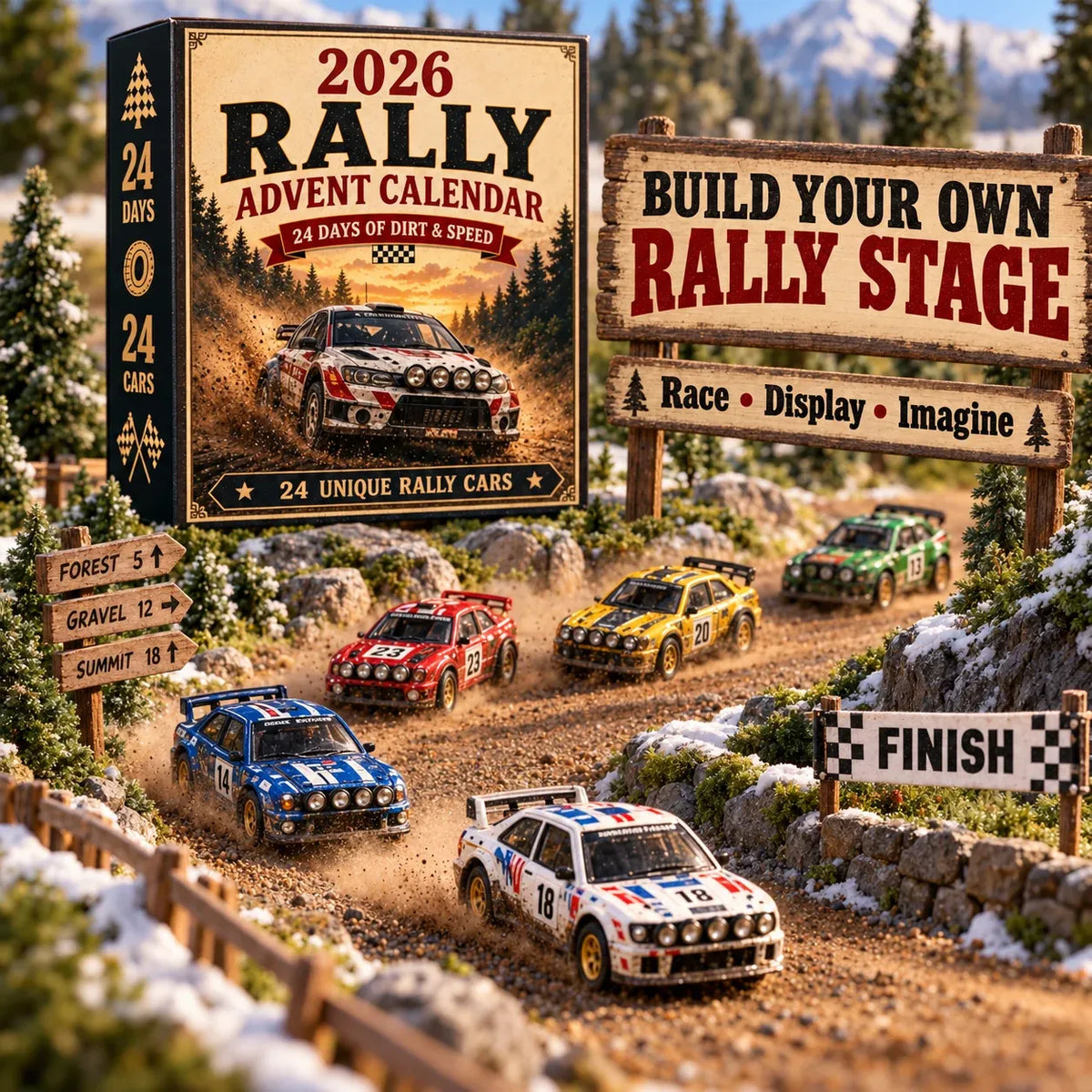 Rally car advent calendar featuring miniature cars for a Christmas countdown