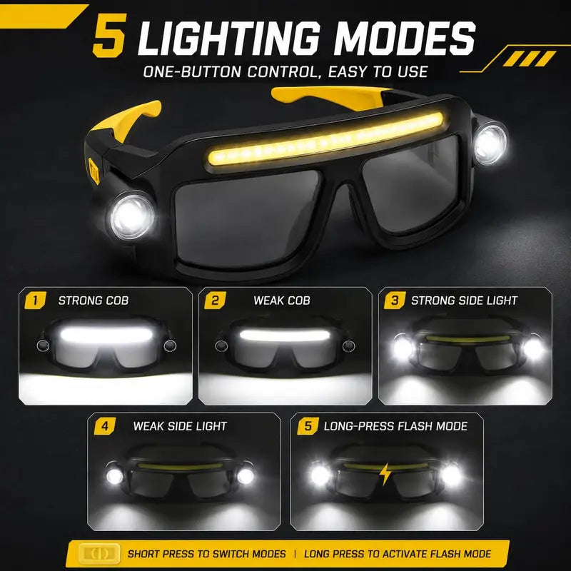 🔥 Hands-Free LED Work Glasses – Wide Front Beam + Dual Side Spotlights