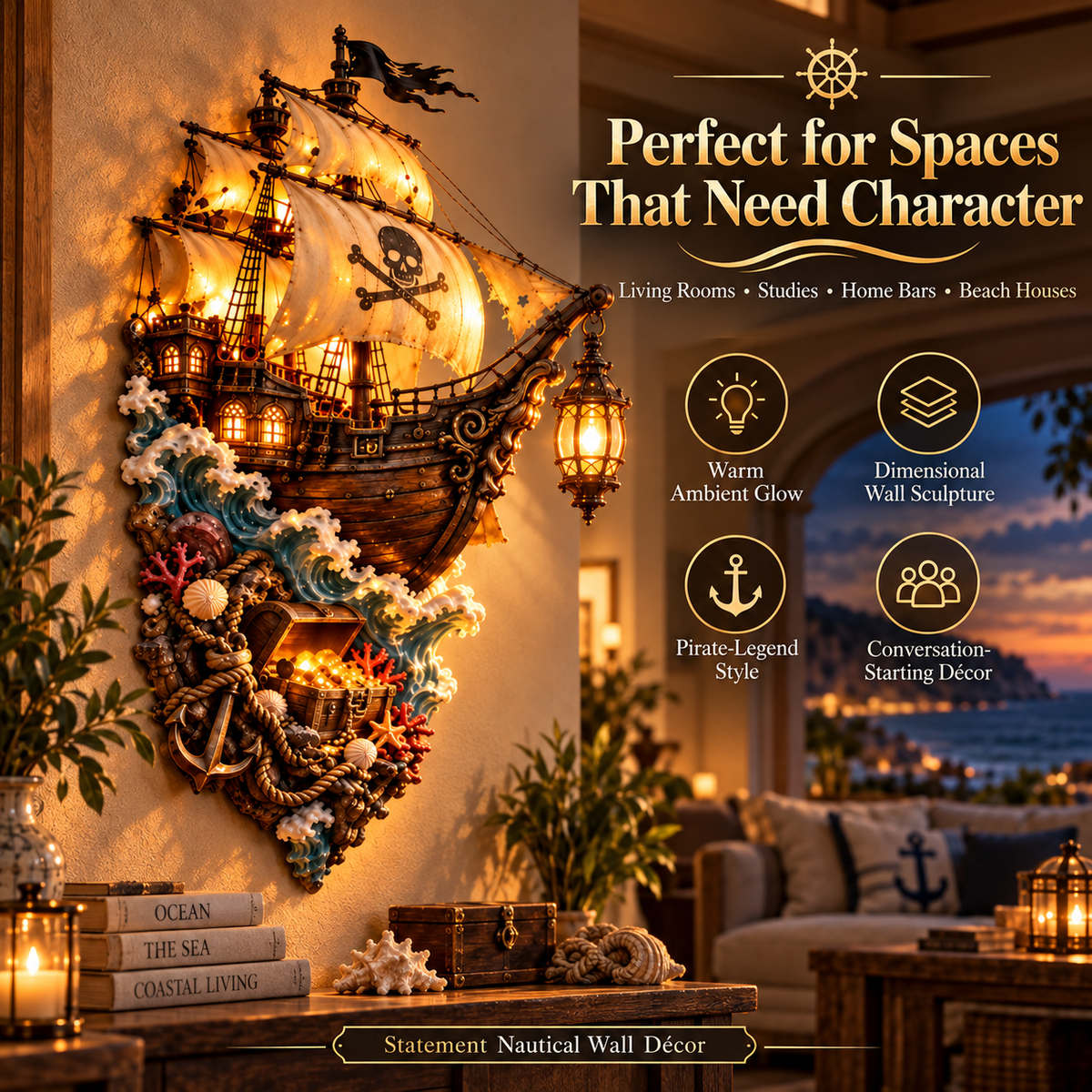 🏴‍☠️ Illuminated Pirate Ship Wall Sculpture – Nautical Treasure Lantern Décor