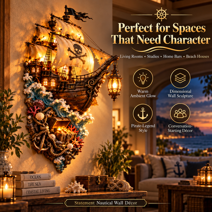 🏴‍☠️ Illuminated Pirate Ship Wall Sculpture – Nautical Treasure Lantern Décor