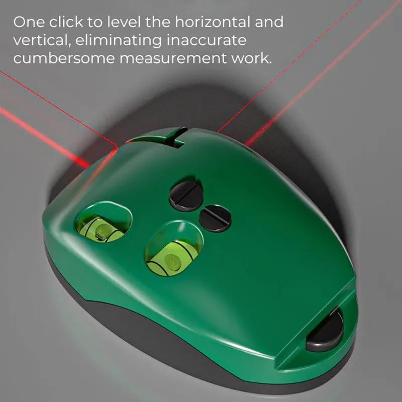 Green 90-degree red laser level projecting horizontal and vertical alignment lines
