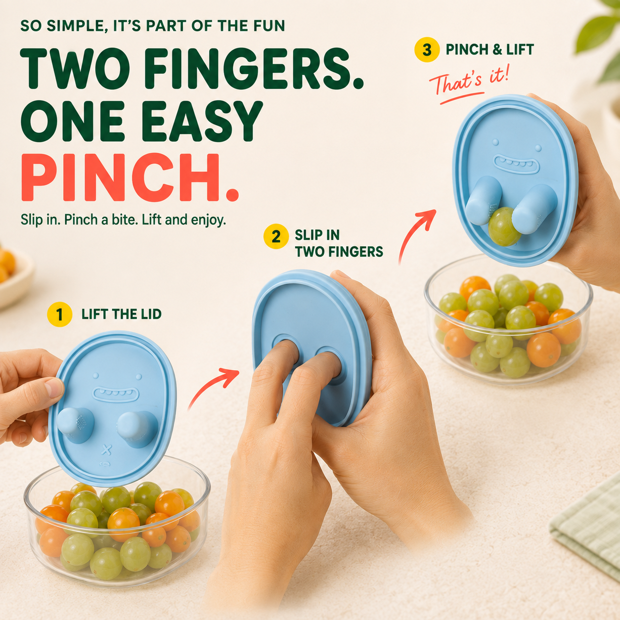 🍇Snack & Grab Fruit Container – Built-In Finger Tongs for Less-Mess Snacking