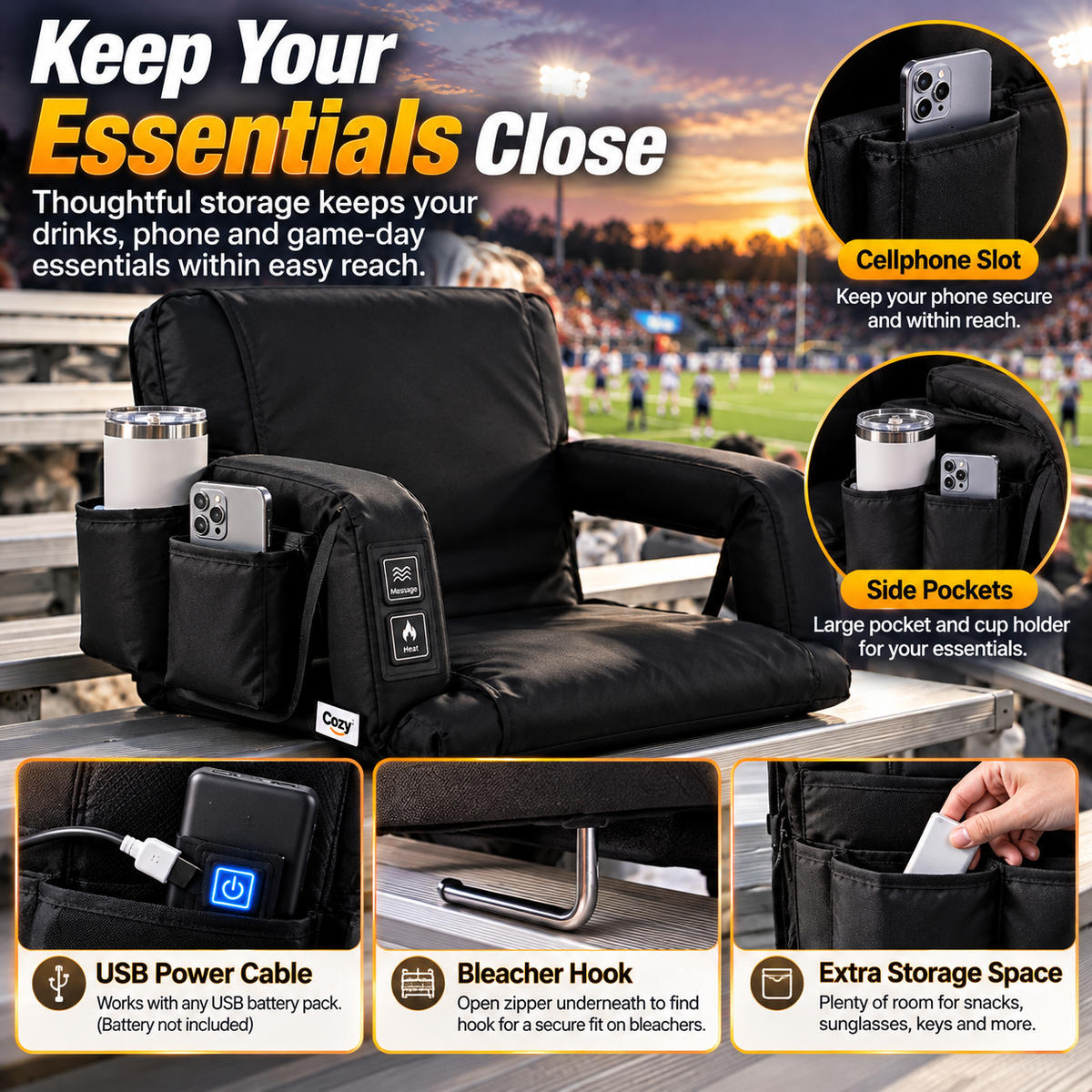 🔥 Heated & Massaging Bleacher Seat – 3 Heat Levels, 6 Reclining Positions