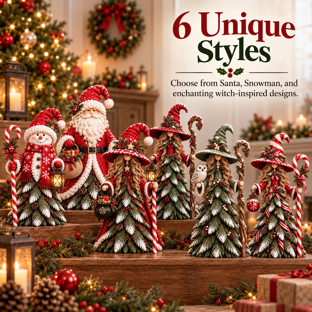 Christmas decorative figure in the shape of a Christmas tree – Santa Claus, snowman & Christmas witch with festive details