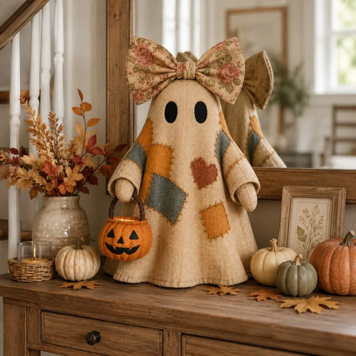 👻 25.6" Lighted Vintage Patchwork Ghost – Cozy Halloween & Fall Home Decor