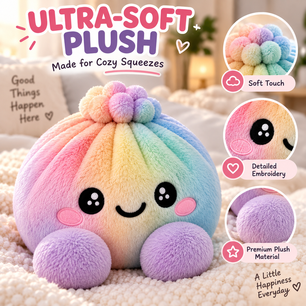 Close-up of ultra-soft rainbow plush dumpling material and embroidery