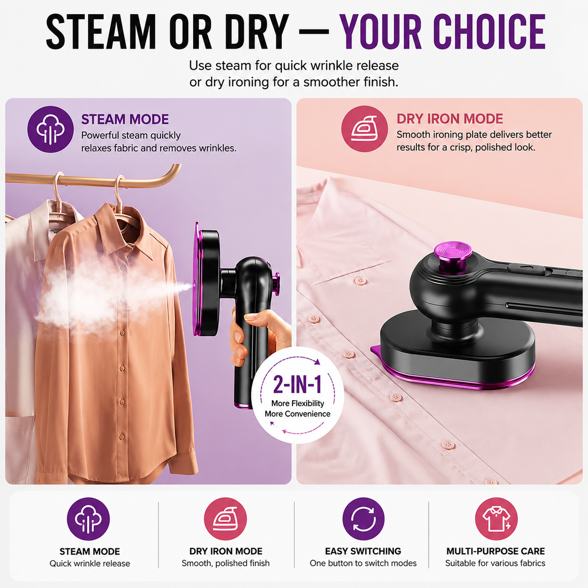👔2-in-1 Portable Garment Steamer-Refresh Clothes in Minutes
