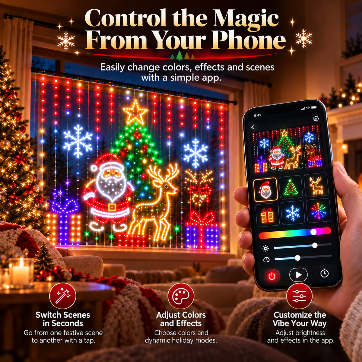 🎅Smart RGB Christmas Curtain Lights – App-Controlled Animated Holiday Window Display