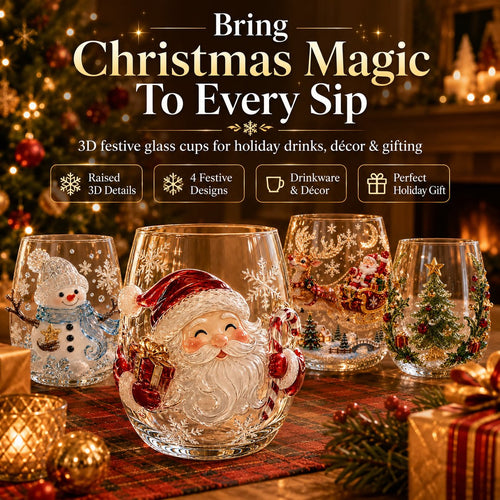 ✨Magical Christmas 3D Glass Cup Collection – Santa, Reindeer, Snowman & Christmas Tree