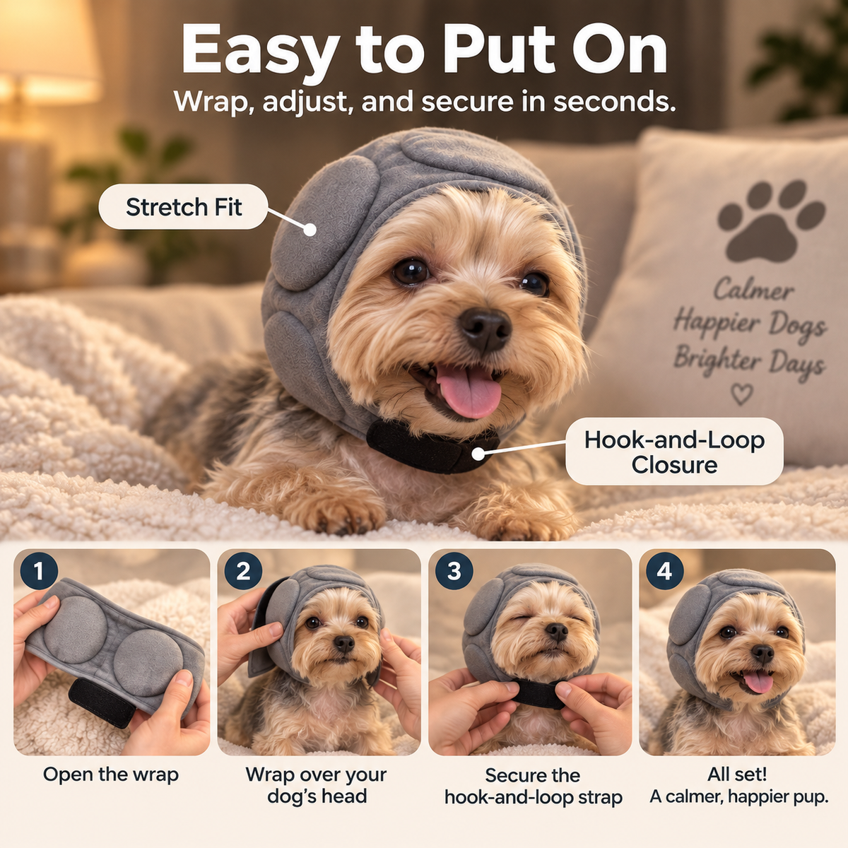 Four steps showing how to put padded ear wrap on a dog