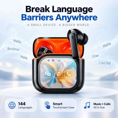 🌍 AI Translation Earbuds – 144 Languages, Smart Touchscreen & Noise-Canceling Audio