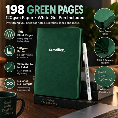 Deep Green Blank Notebook with White Gel Pen | Aesthetic Writing & Sketch Journal