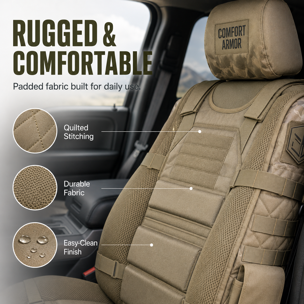 Quilted durable tactical car seat fabric with padded construction