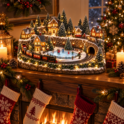 🎄 Animated Christmas Train & Ice Rink Village – Light-Up Musical Holiday Decoration