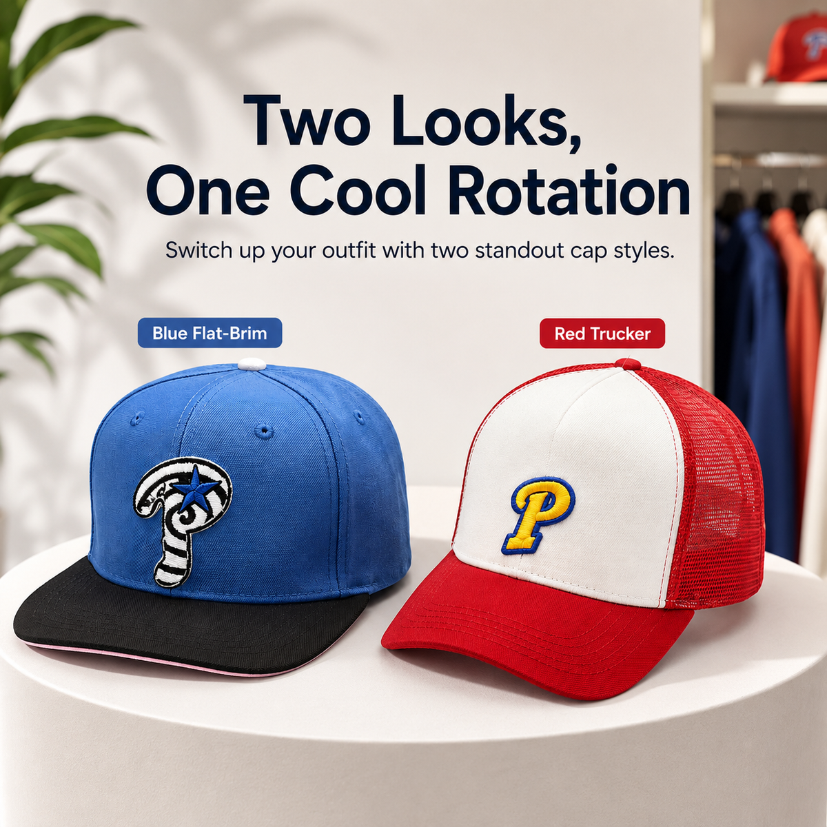 🧢 Embroidered Streetwear Cap – Blue Flat-Brim & Red Mesh-Back Trucker Style