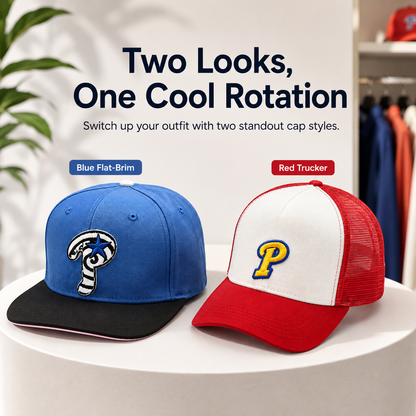 🧢 Embroidered Streetwear Cap – Blue Flat-Brim & Red Mesh-Back Trucker Style