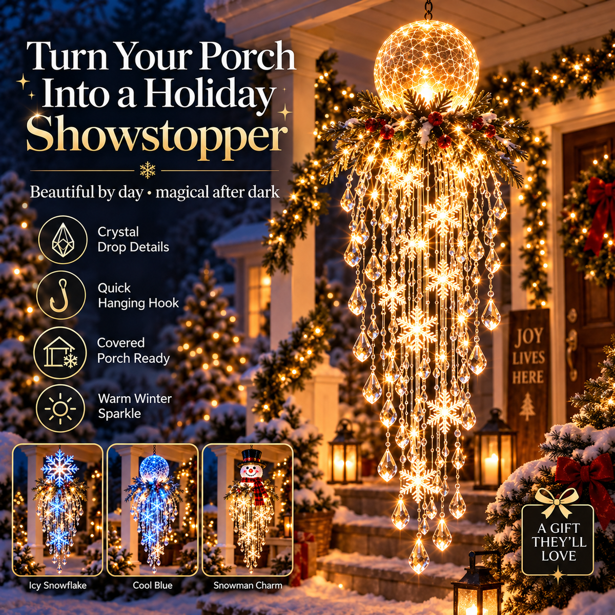 ❄️ Crystal Cascade Christmas Hanging Light – LED Snowflake & Crystal Drop Decor