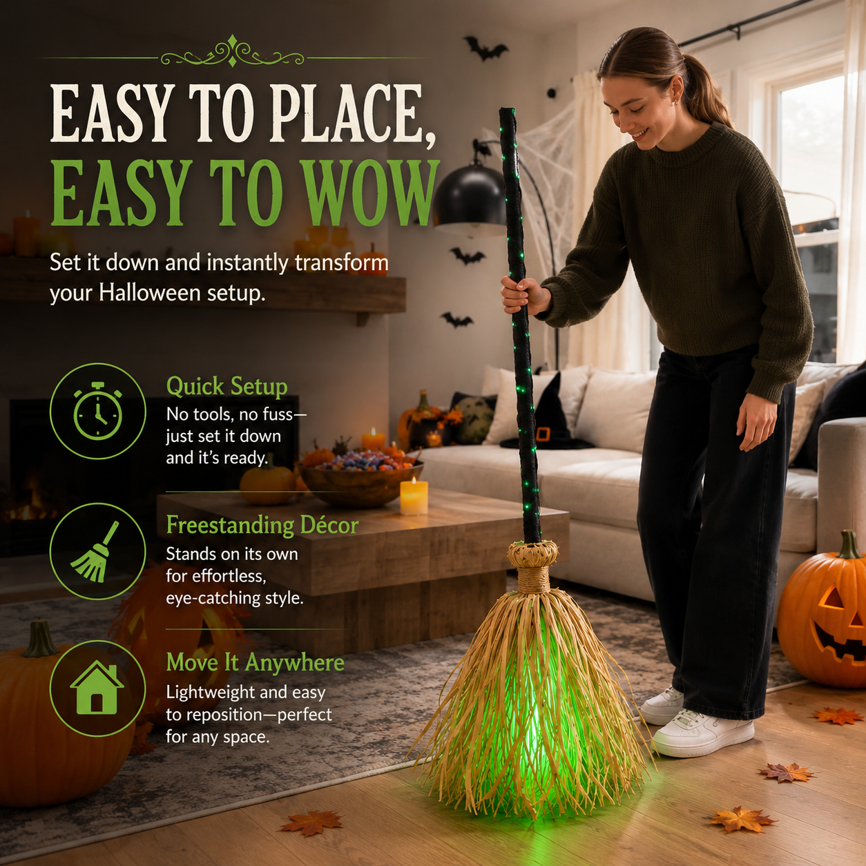 🧹 Light-Up Witch Broom Halloween Decoration – Spooky Green LED Décor