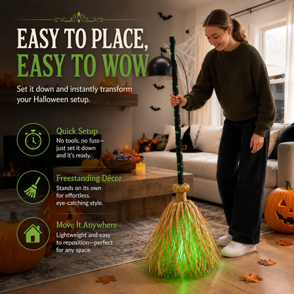 🧹 Light-Up Witch Broom Halloween Decoration – Spooky Green LED Décor