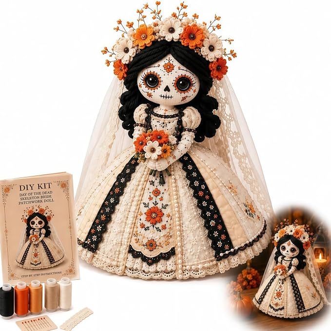 🌼 Day of the Dead-Inspired Skeleton Bride DIY Kit – Handmade Patchwork Doll