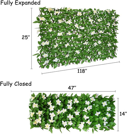 📍🍃Extendable Simulation Rattan Fence with White Flowers Decorating Green Leaves