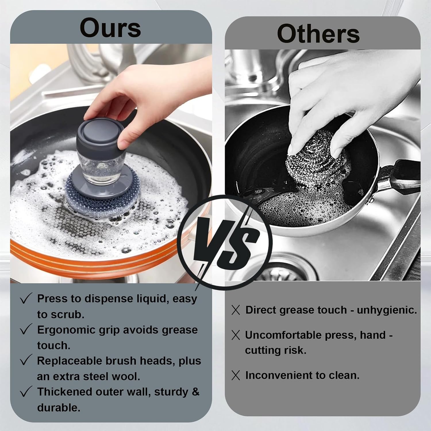 Soap dispensing palm scrubber being used to clean a pan