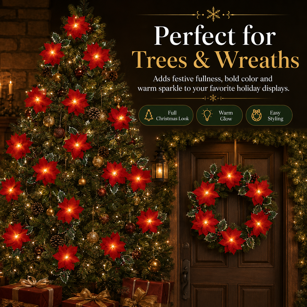 Lighted Christmas Poinsettia Garland with 10 or 20 Warm LEDs – Battery Powered Holiday Floral Decor