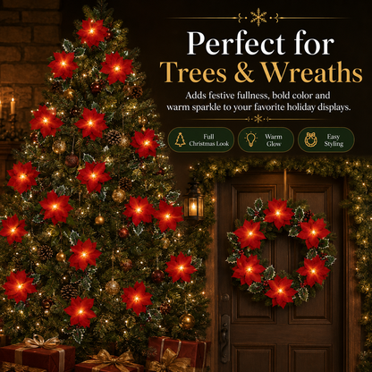 Lighted Christmas Poinsettia Garland with 10 or 20 Warm LEDs – Battery Powered Holiday Floral Decor