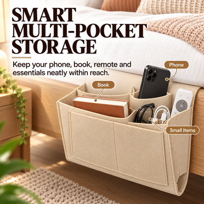 🛏️ Bedside Hanging Organizer — Multi-Pocket Storage for Bed & Sofa