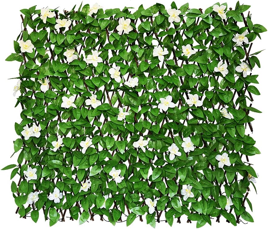 📍🍃Extendable Simulation Rattan Fence with White Flowers Decorating Green Leaves