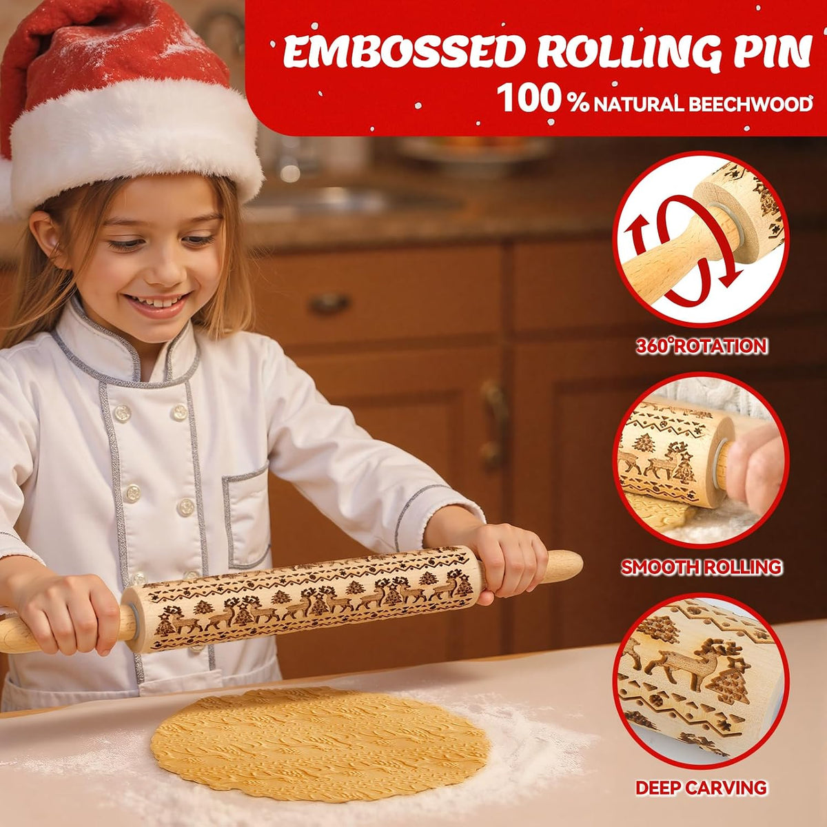 🎄 Christmas Embossed Rolling Pin – Wooden Cookie Pattern Roller for Festive Baking