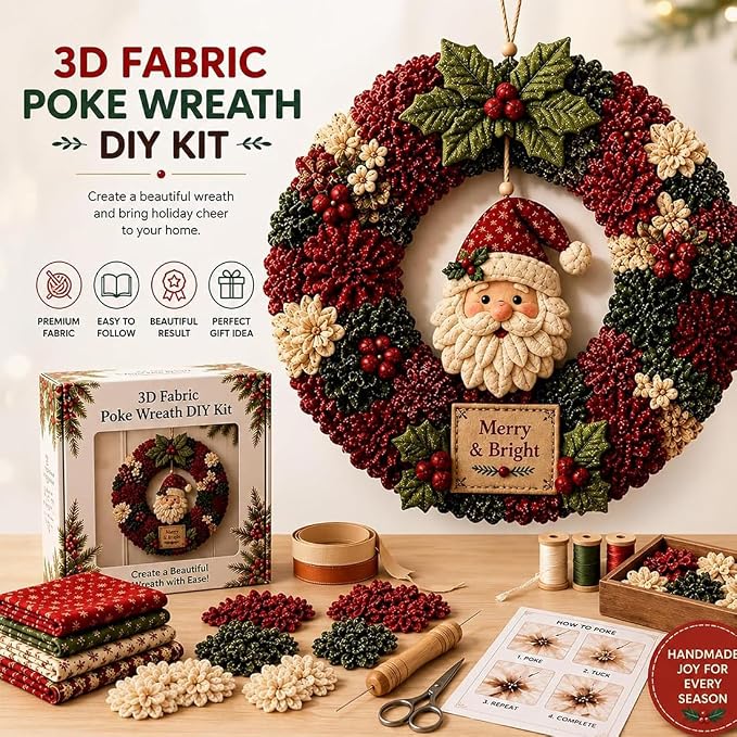 3D Fabric Poke Wreath DIY Kit, Christmas Wreath DIY Kit for Adults，Santa