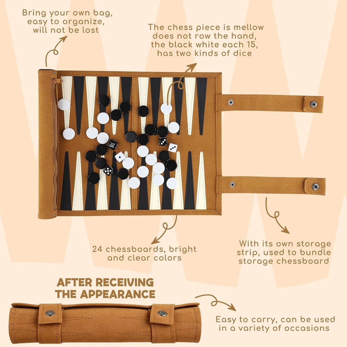 Portable Roll-Up Backgammon Set – Classic Tan Travel Game for Two