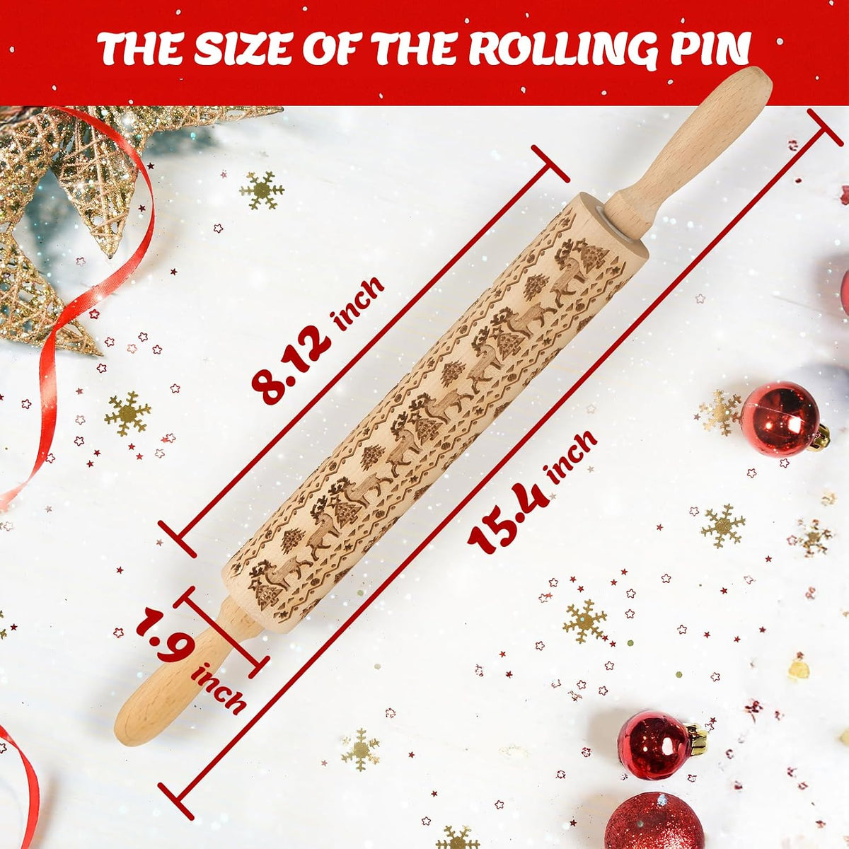 🎄 Christmas Embossed Rolling Pin – Wooden Cookie Pattern Roller for Festive Baking