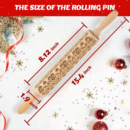 🎄 Christmas Embossed Rolling Pin – Wooden Cookie Pattern Roller for Festive Baking