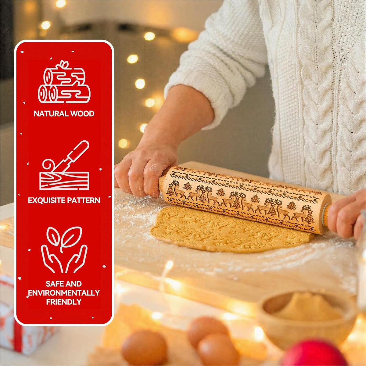 🎄 Christmas Embossed Rolling Pin – Wooden Cookie Pattern Roller for Festive Baking