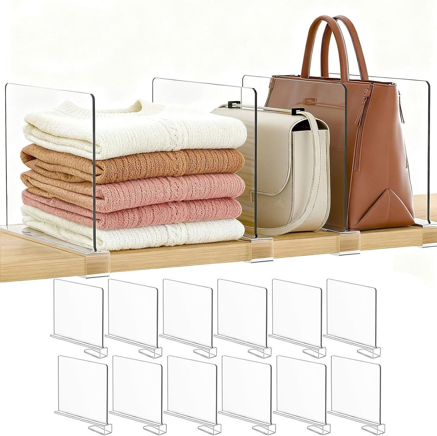 Purse Organizer for Closet Shelf Dividers: Clear Acrylic 12-Pack