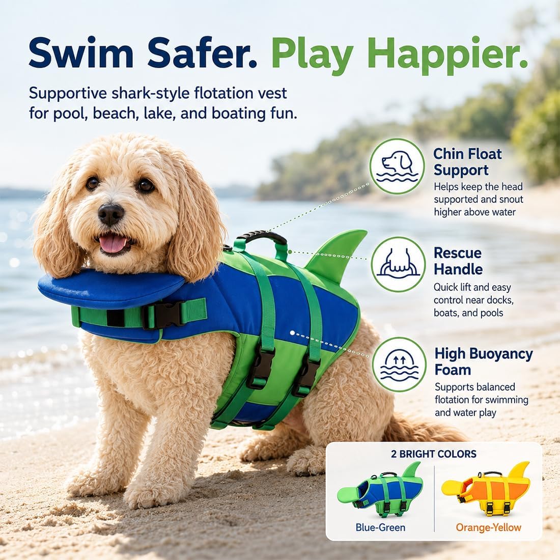 Dog Flotation Swim Vest with Chin Support & Grab Handle